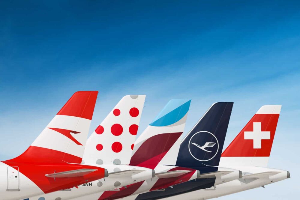 flugzeugfinnen mit den verschiedenen logos der fluggesellschaften swiss, austrian airlines, eurowings europe, brussels airlines