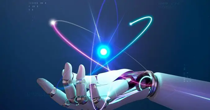 ein atom über einer roboter hand