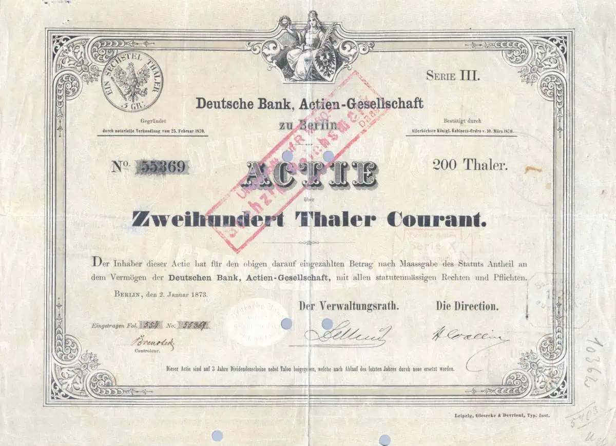 altes aktienpapier der deutschen bank von 1873